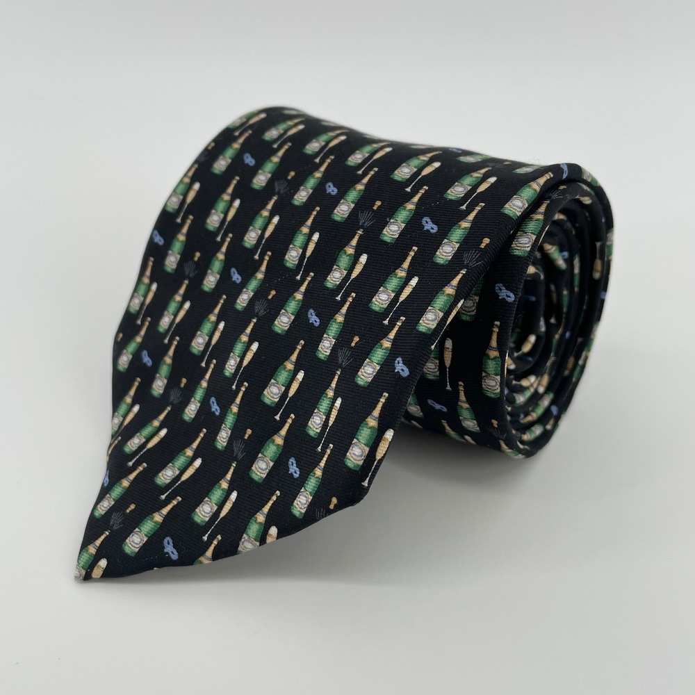 Brooks Brothers Makers Silk Tie Black Champagne Bottles Masquerade New Years Eve